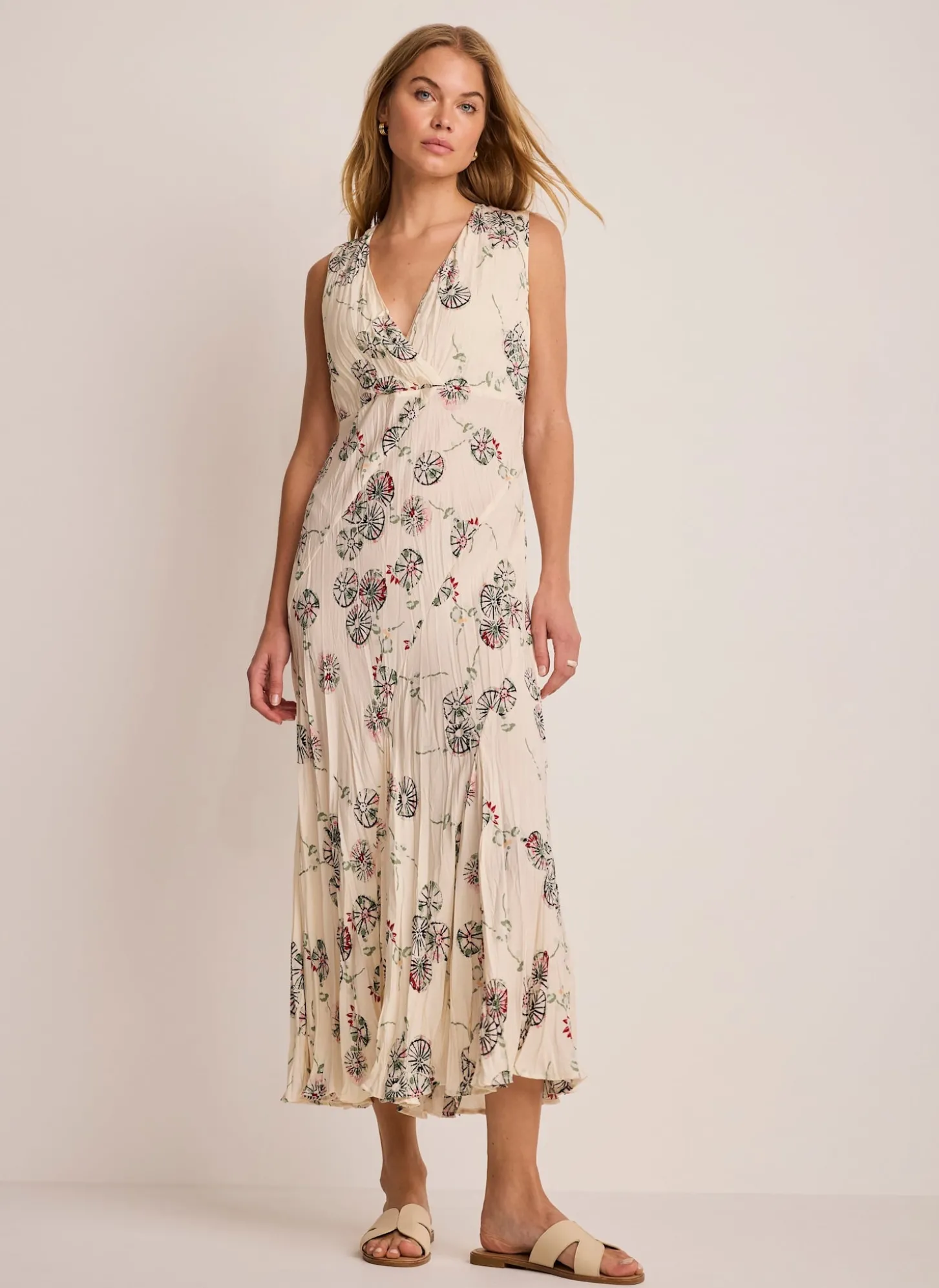 Cream Printed Crinkle Midi Dress