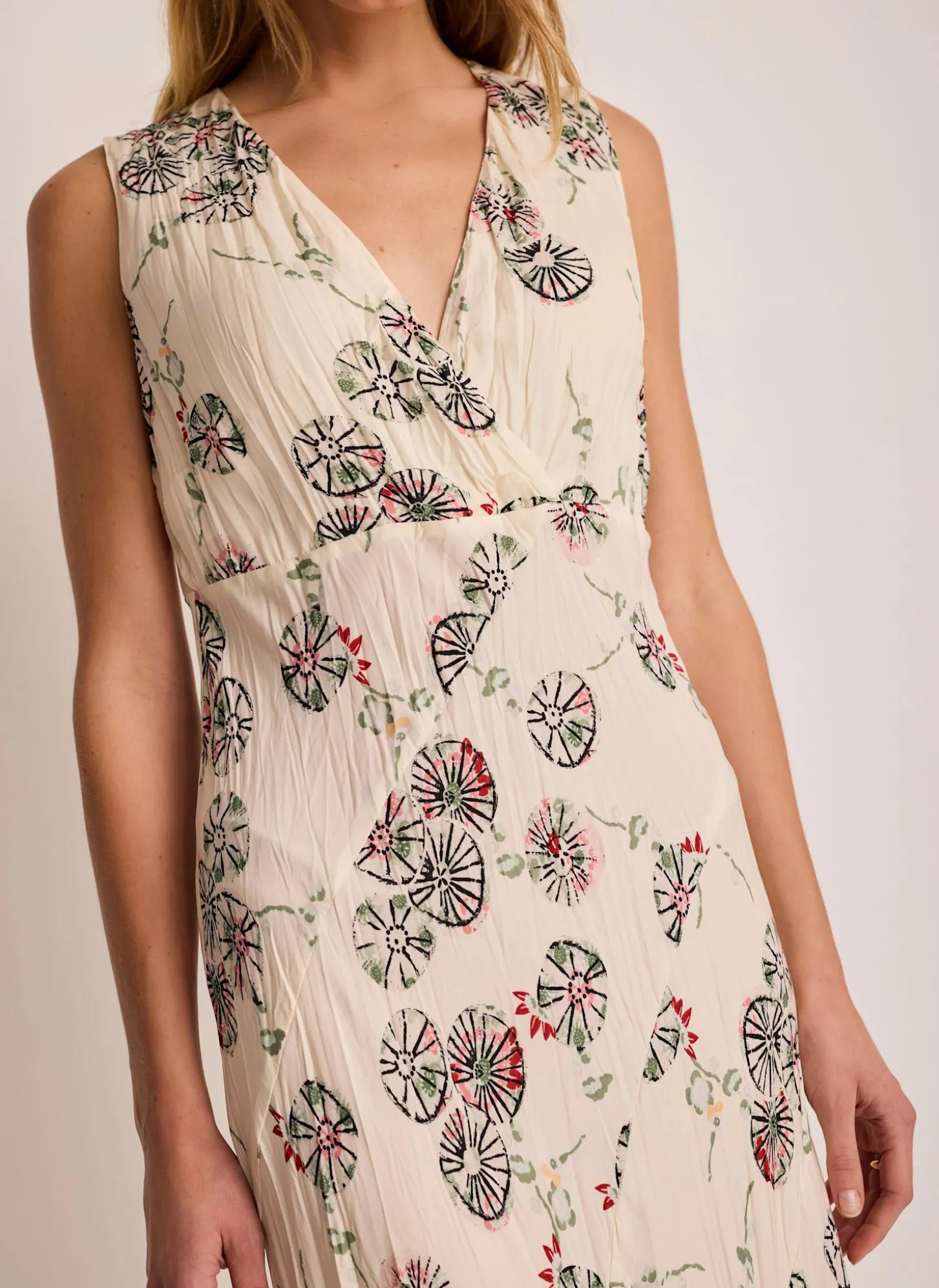 Cream Printed Crinkle Midi Dress