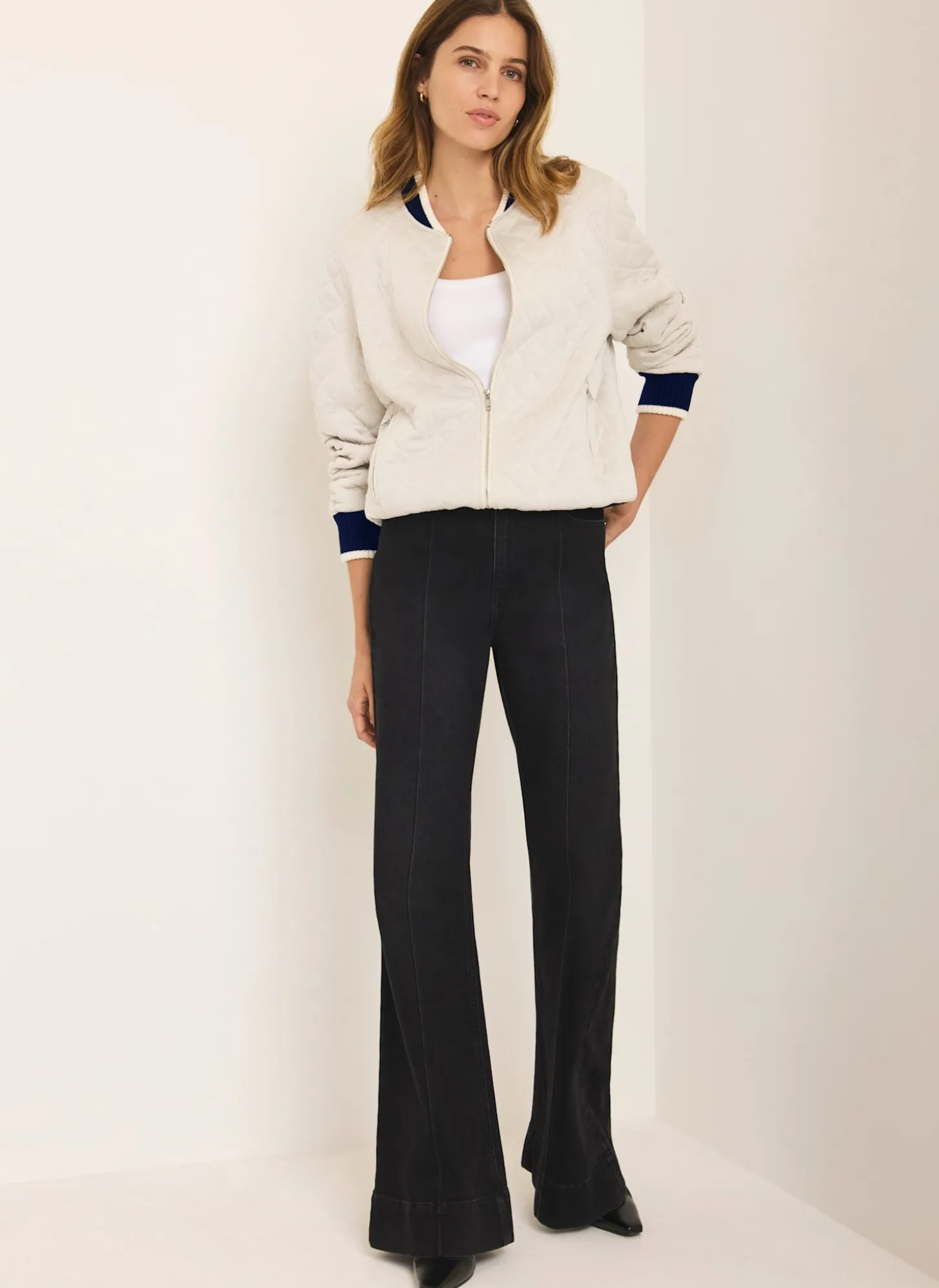 Cream Quilted Bomber Jacket