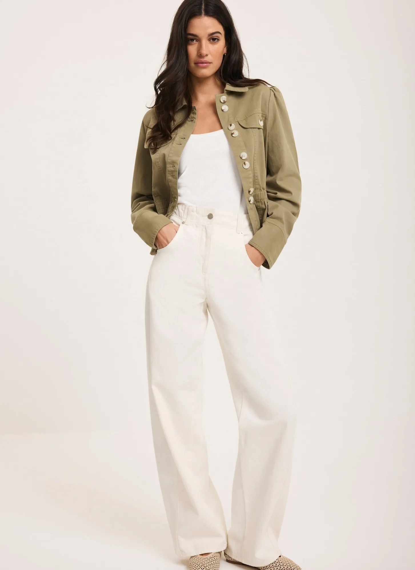 Cream Relaxed Wide Leg Jeans