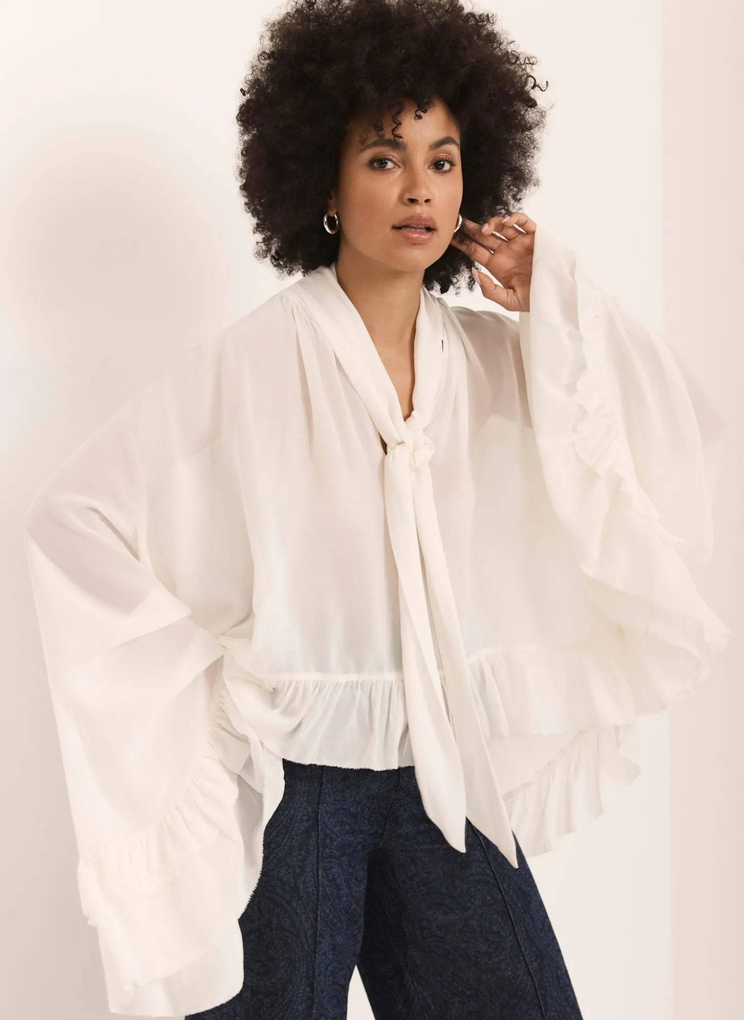 Cream Ruffle Tie Detail Blouse