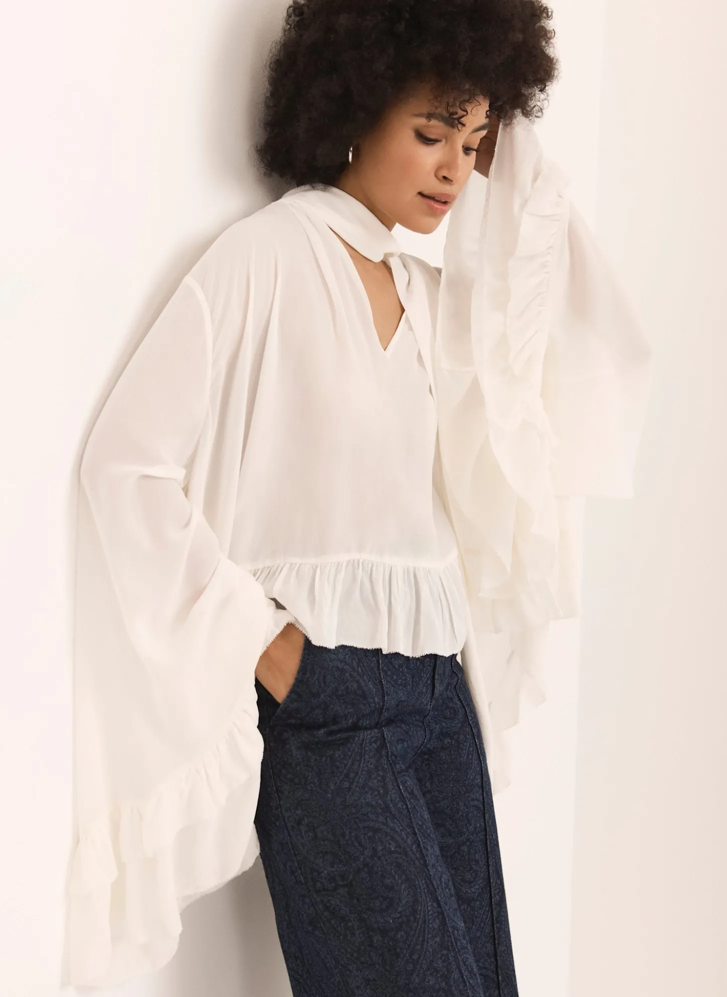 Cream Ruffle Tie Detail Blouse