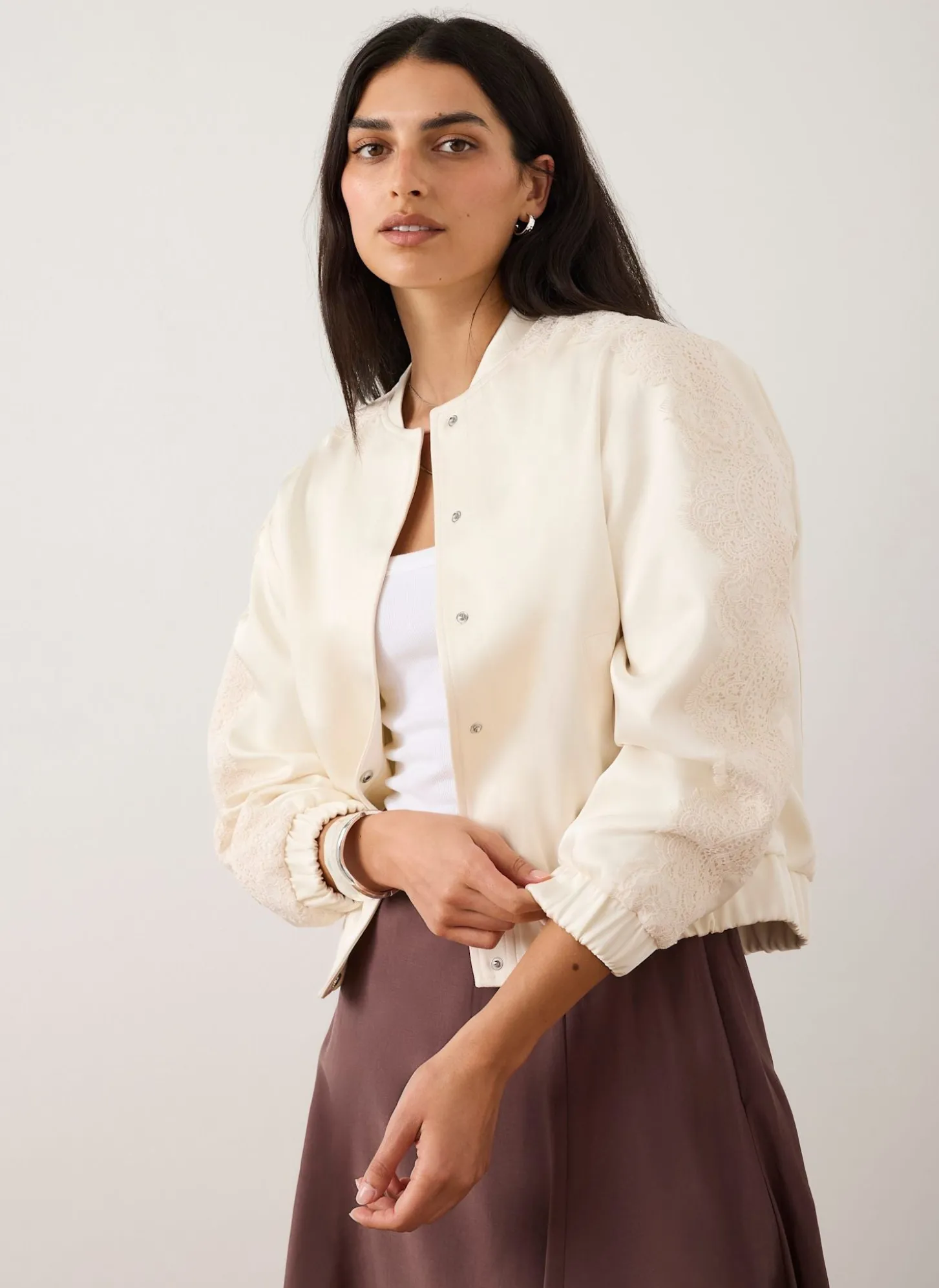 Cream Satin Lace Sleeve Bomber Jacket