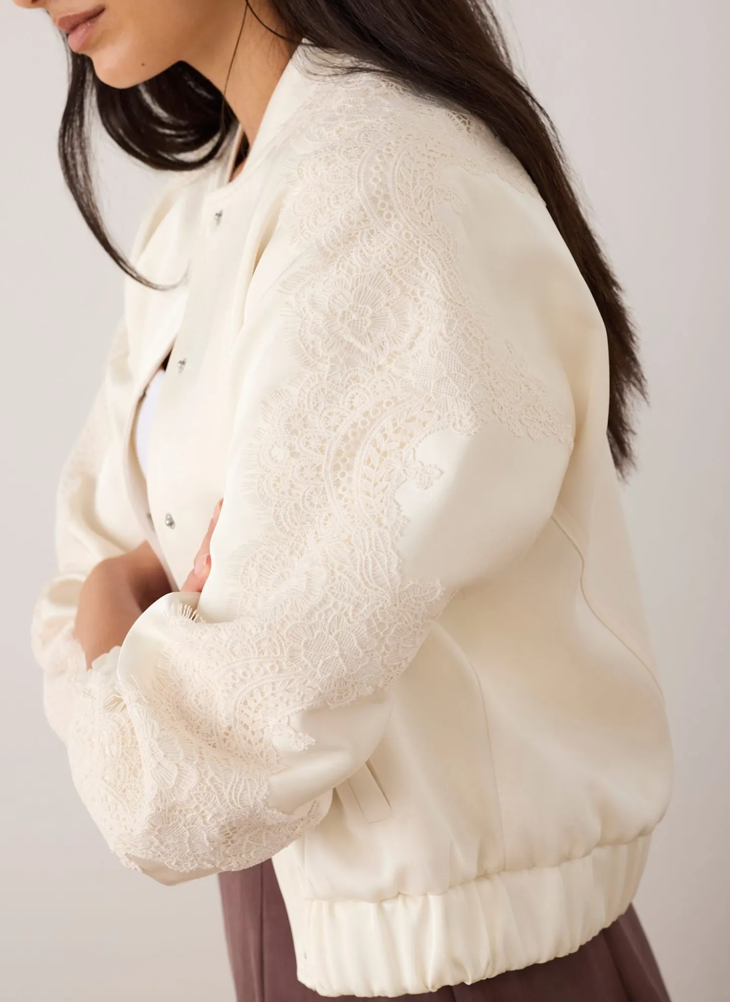 Cream Satin Lace Sleeve Bomber Jacket