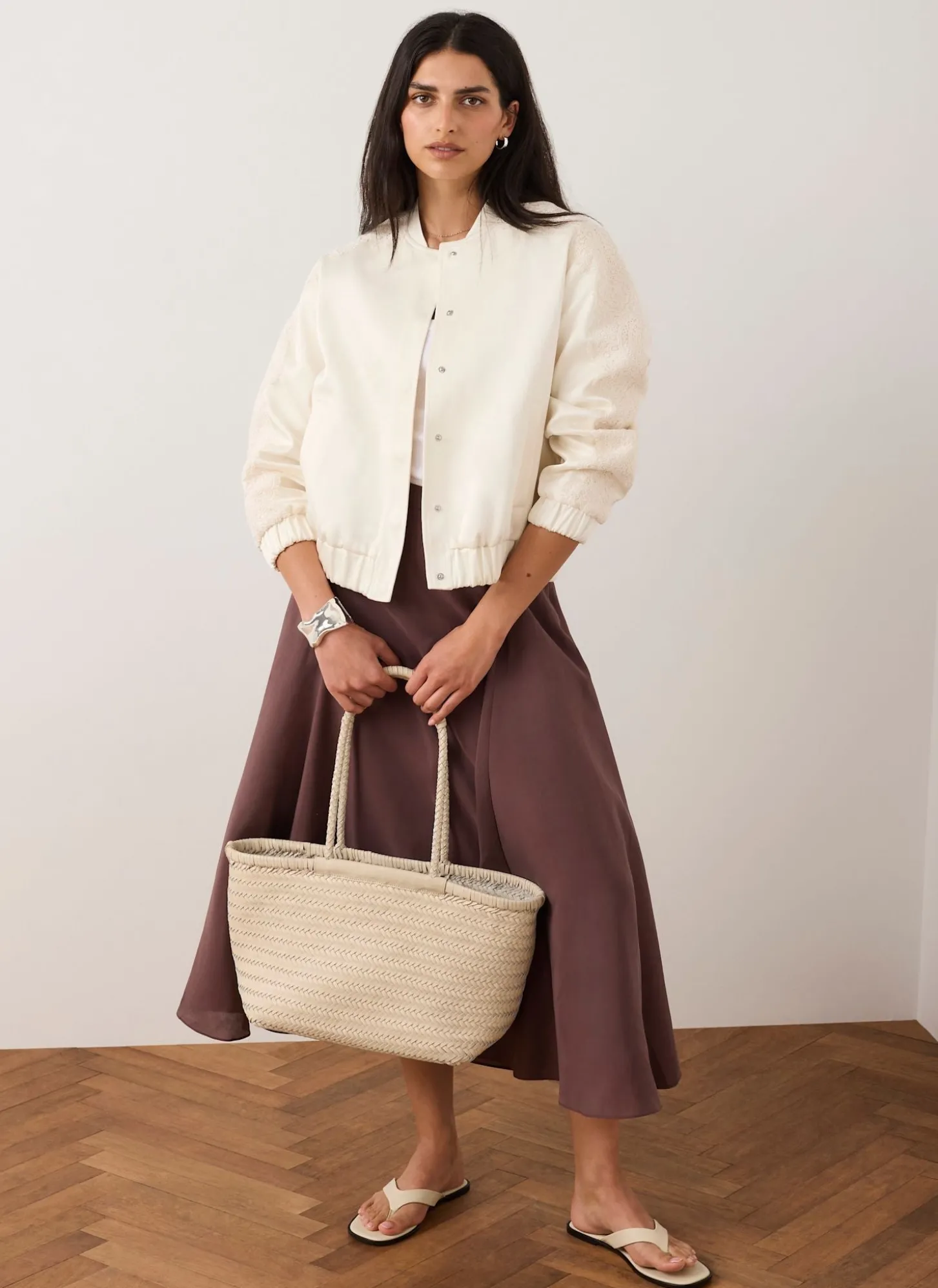 Cream Satin Lace Sleeve Bomber Jacket