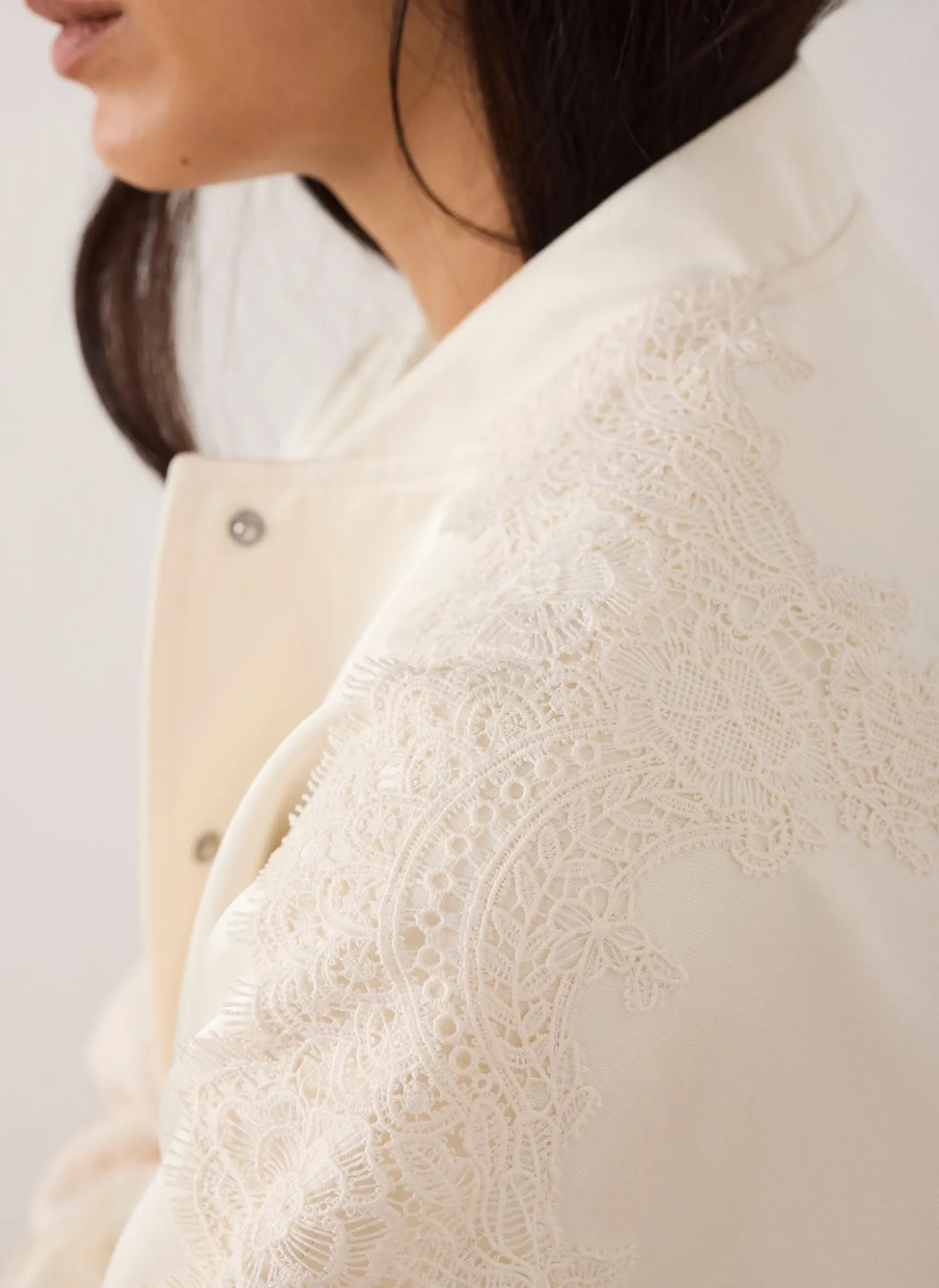 Cream Satin Lace Sleeve Bomber Jacket