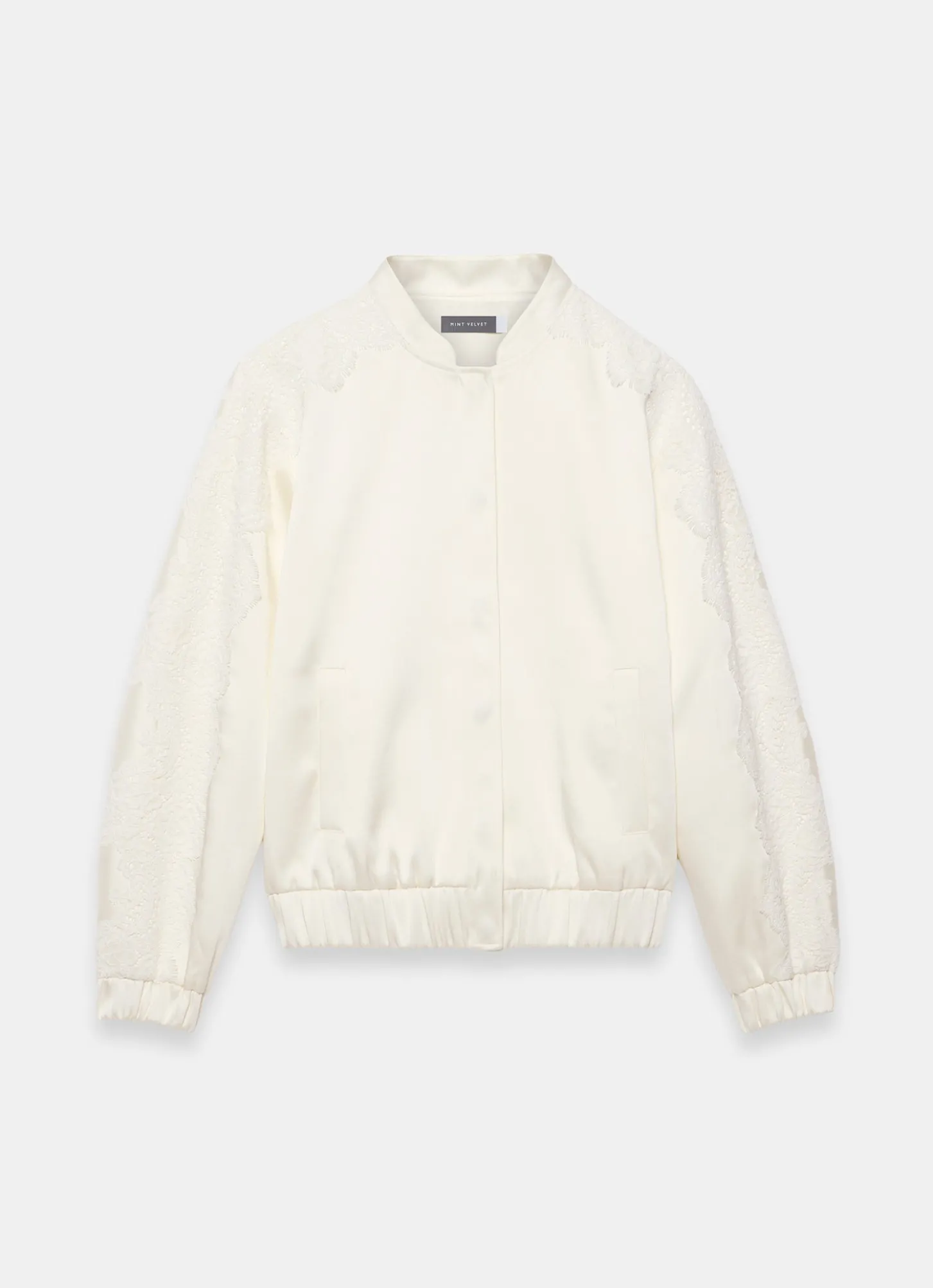 Cream Satin Lace Sleeve Bomber Jacket