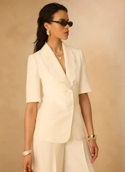 Cream Scallop Front Short Sleeve Blazer