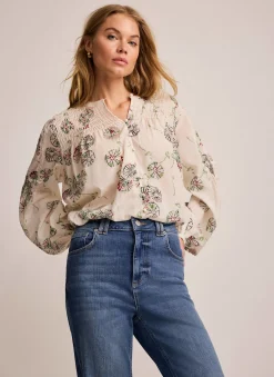 Cream Shirred Printed Blouse