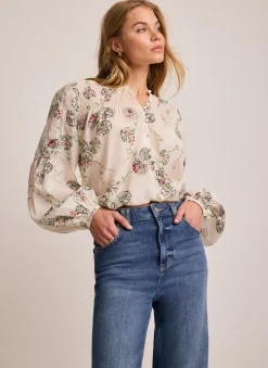 Cream Shirred Printed Blouse