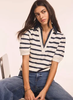 Cream Striped Knit Denim Detail Tops