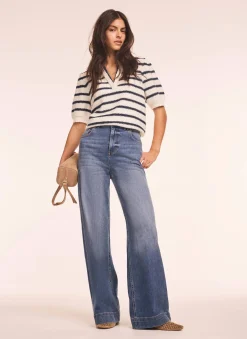 Cream Striped Knit Denim Detail Tops