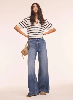 Cream Striped Knit Denim Detail Tops