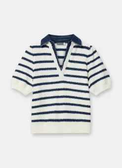 Cream Striped Knit Denim Detail Tops