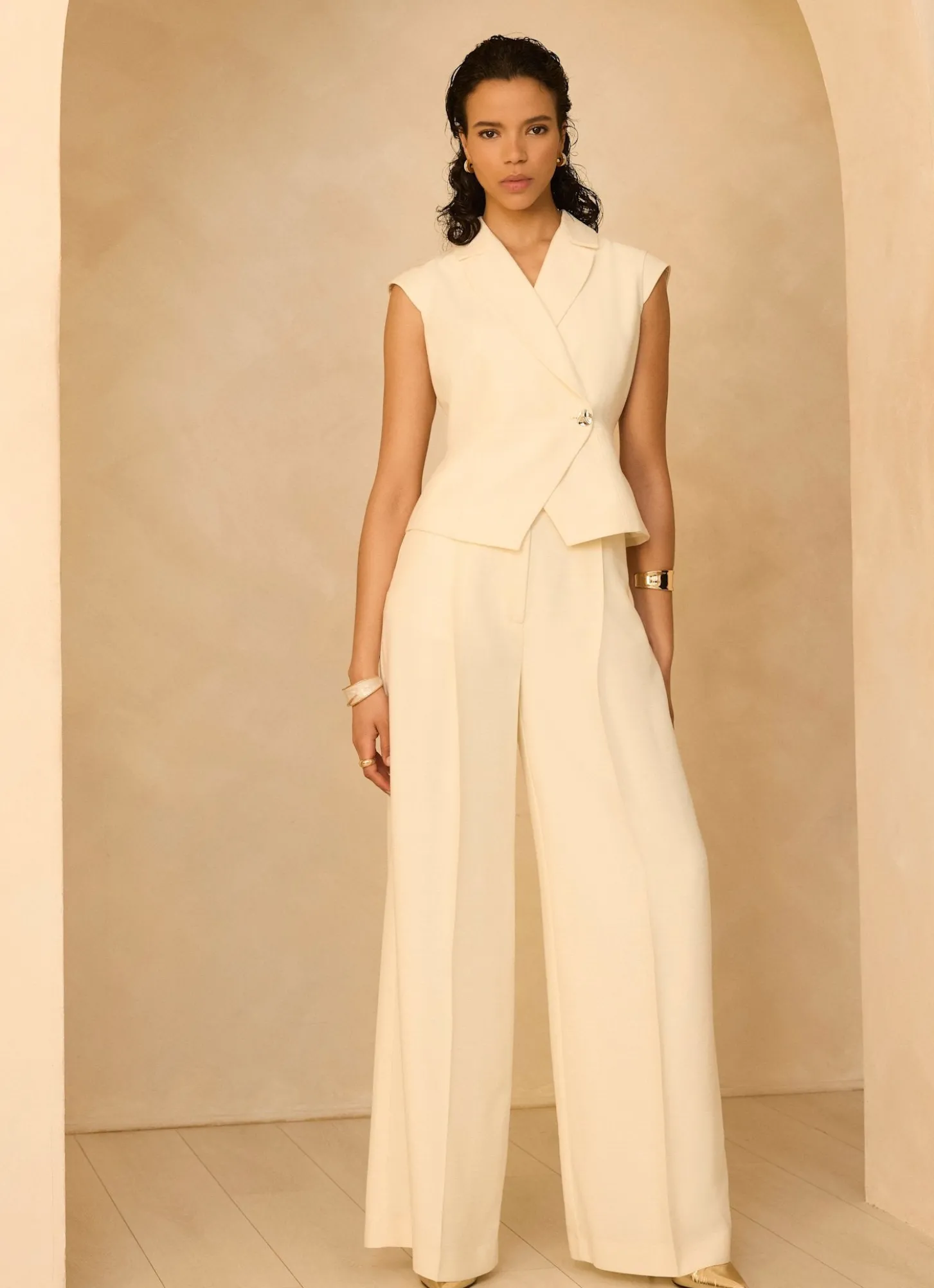 Cream Tailored Wide Leg Trousers