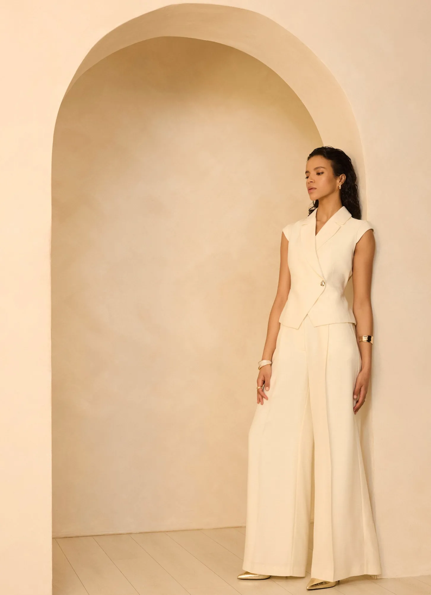 Cream Tailored Wide Leg Trousers