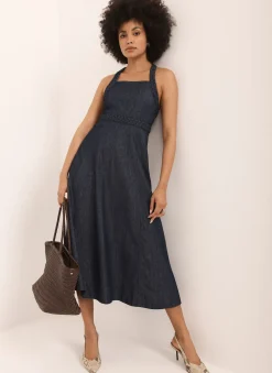 Dark Indigo Denim Halter Midi Dress