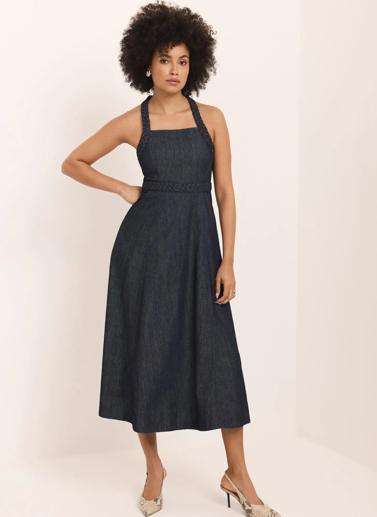 Dark Indigo Denim Halter Midi Dress