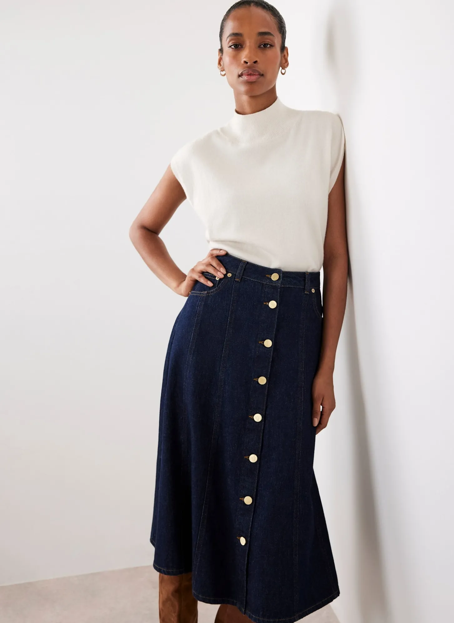 Dark Indigo Denim Midi Skirt