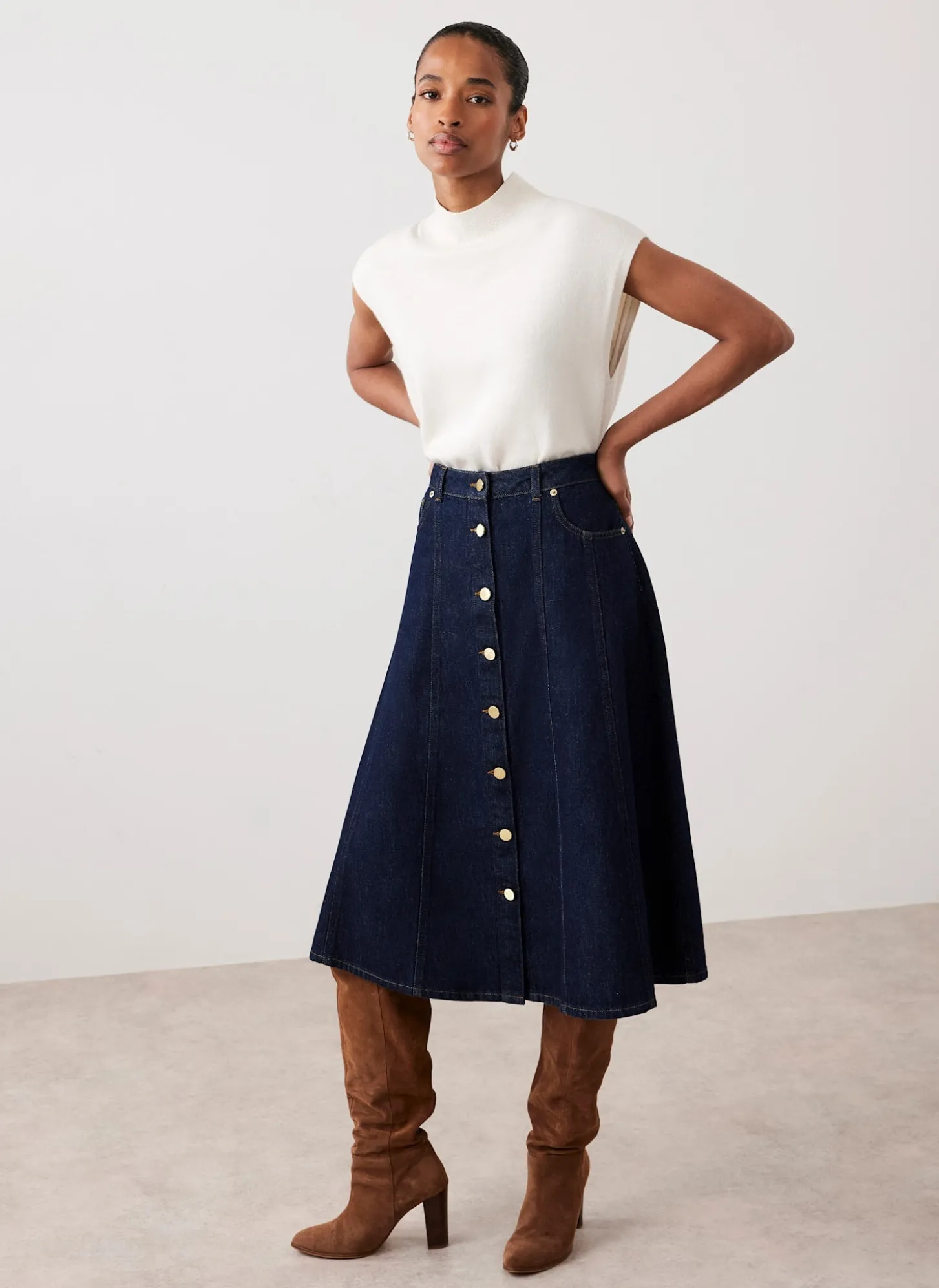 Dark Indigo Denim Midi Skirt