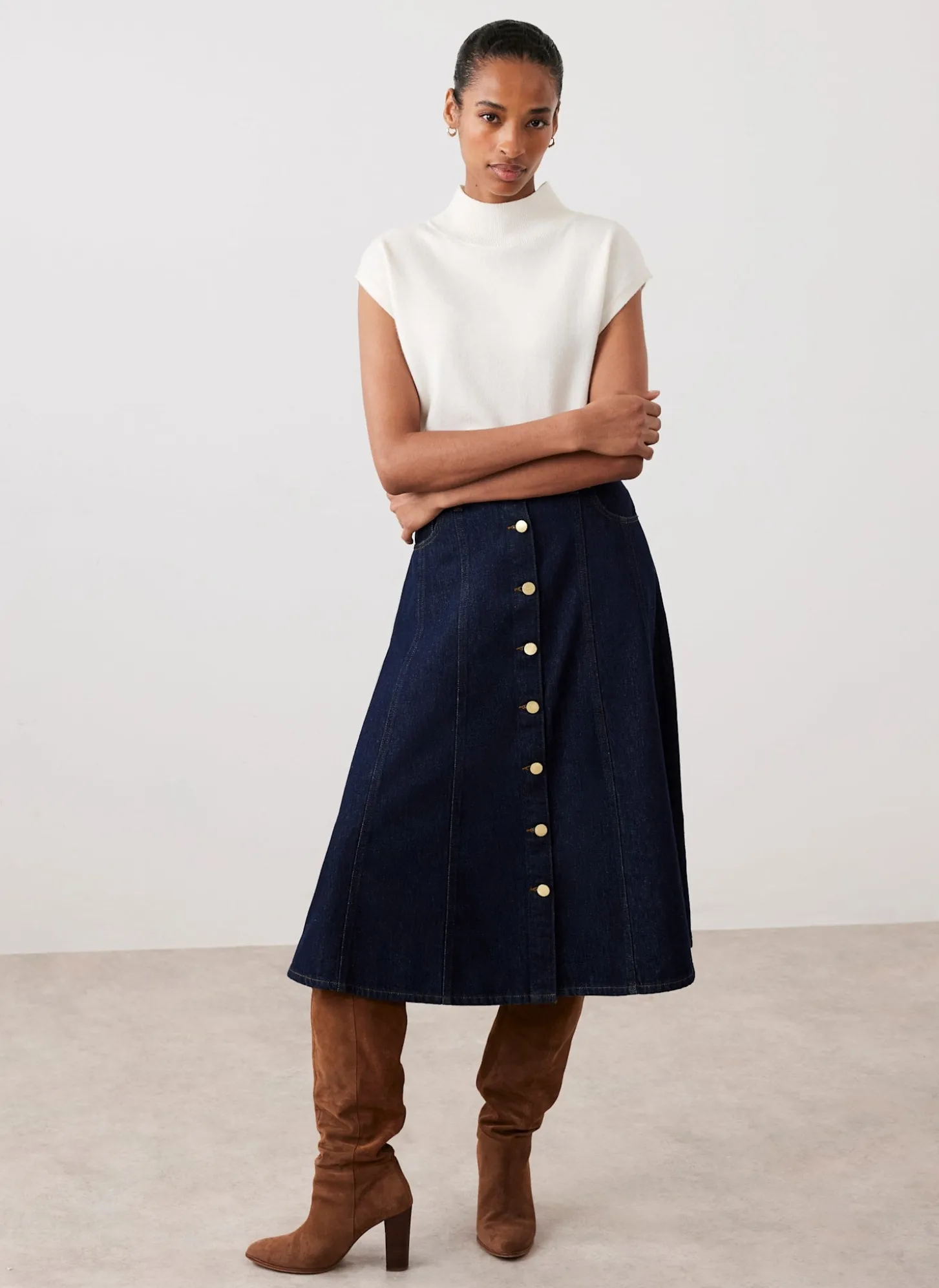 Dark Indigo Denim Midi Skirt