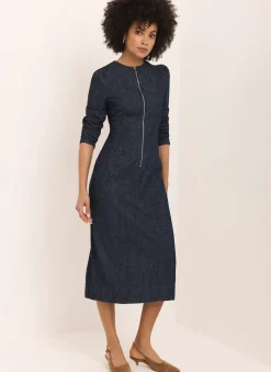Dark Indigo Paisley Print Denim Midi Dress