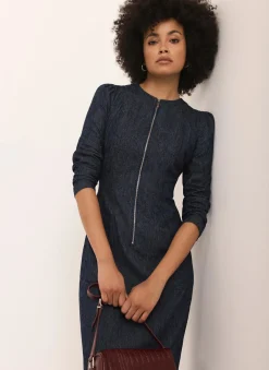 Dark Indigo Paisley Print Denim Midi Dress