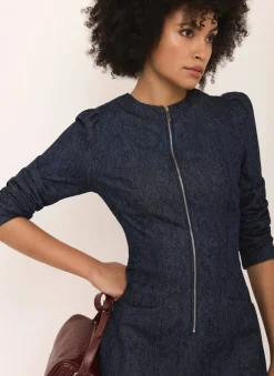 Dark Indigo Paisley Print Denim Midi Dress