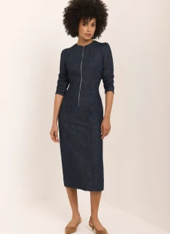 Dark Indigo Paisley Print Denim Midi Dress