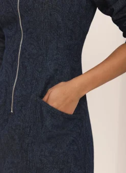 Dark Indigo Paisley Print Denim Midi Dress