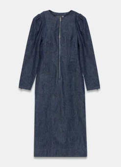 Dark Indigo Paisley Print Denim Midi Dress