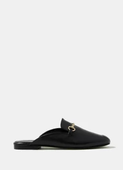 Faye Black Leather Backless Loafers