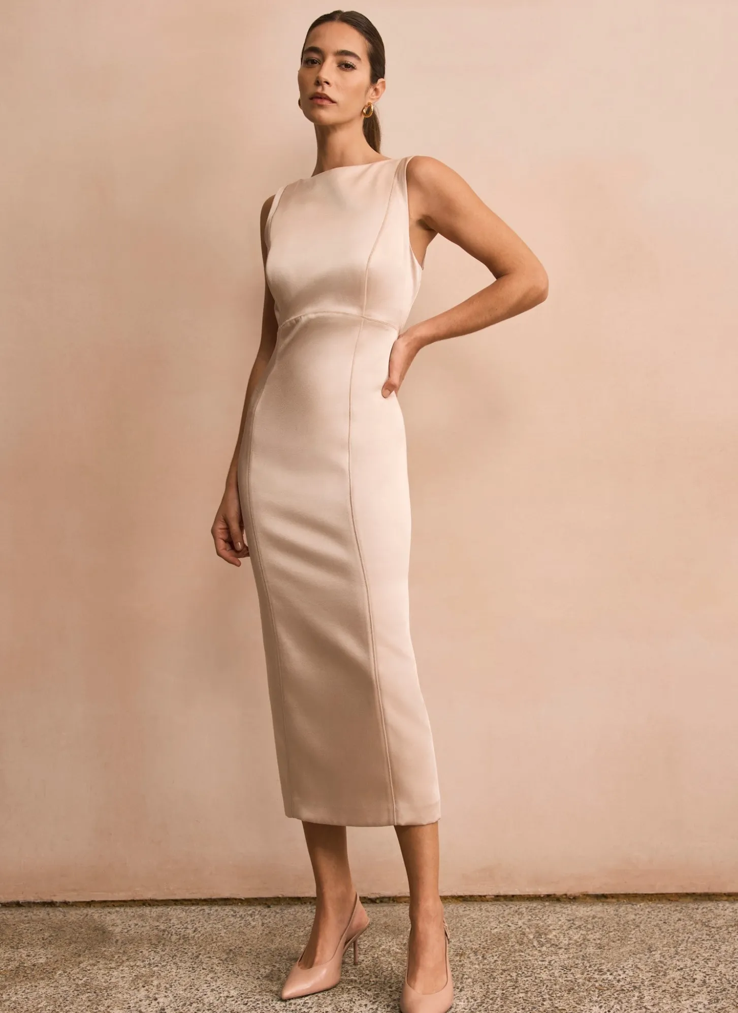 Gold Satin Midi Shift Dress
