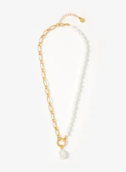 Gold Tone Chain & Pearl Drop Necklace