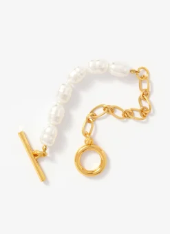 Gold Tone Chain & Pearl T-Bar Bracelet