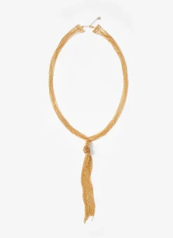 Gold Tone Long Fringe Knotted Pendant
