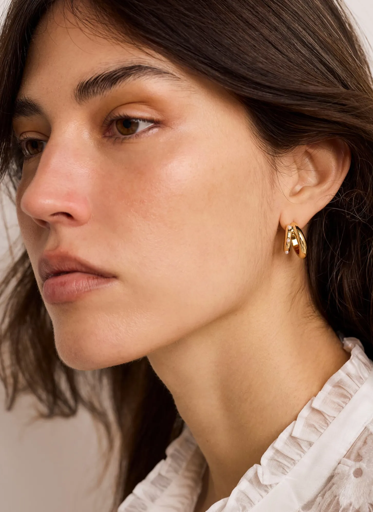 Gold Tone Mini Double Hoop Pearl Earrings