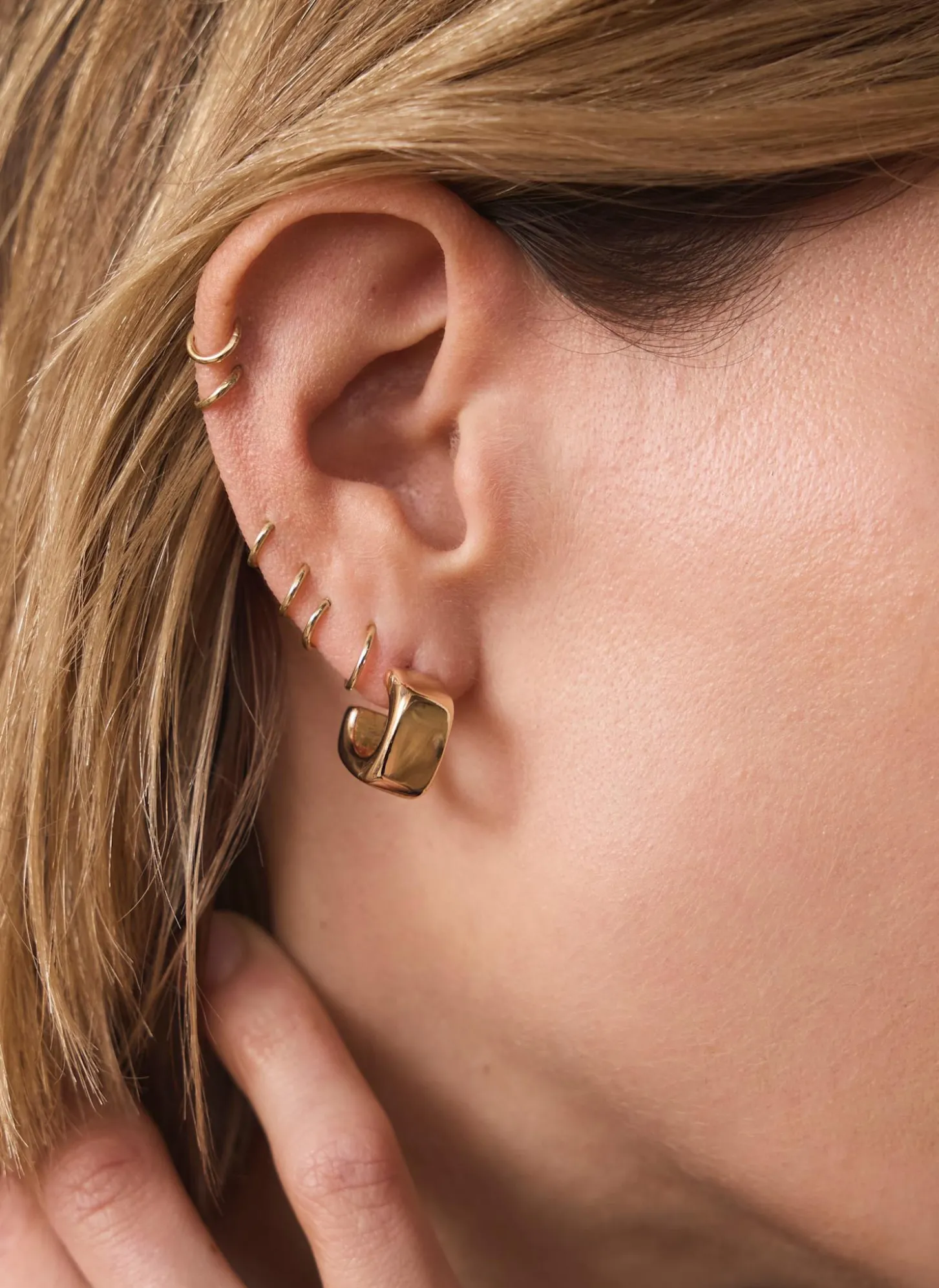 Gold Tone Mini Rounded Square Hoop Earrings