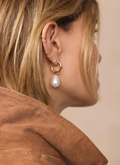 Gold Tone Pearl Drop Hoop Earrings
