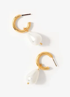 Gold Tone Pearl Drop Hoop Earrings