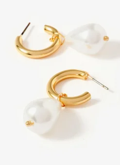 Gold Tone Pearl Drop Hoop Earrings