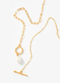 Gold Tone Pearl Lariat Style Necklace