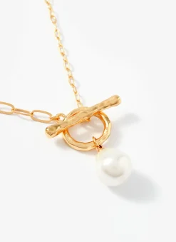 Gold Tone Pearl Lariat Style Necklace