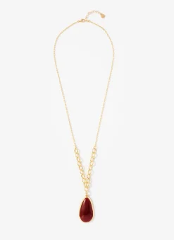 Gold Tone Red Stone Pendant Necklace