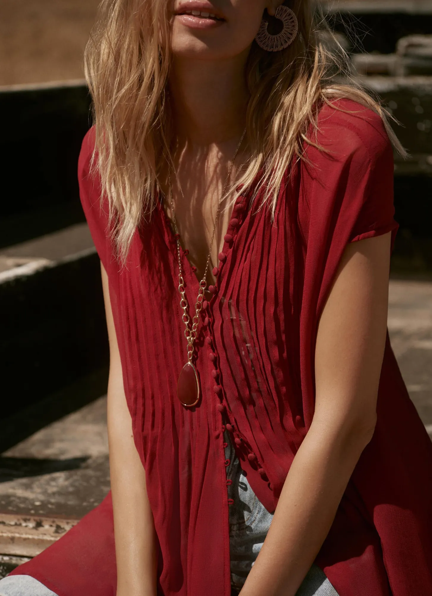Gold Tone Red Stone Pendant Necklace