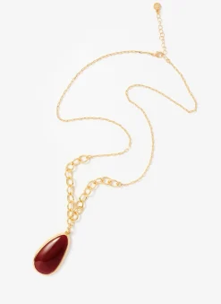 Gold Tone Red Stone Pendant Necklace