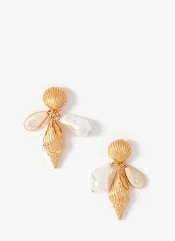 Gold Tone Shell Pearl Drop Earrings