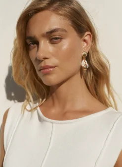 Gold Tone Shell Pearl Drop Earrings