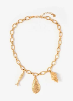 Gold Tone Shell Statement Charm Necklace