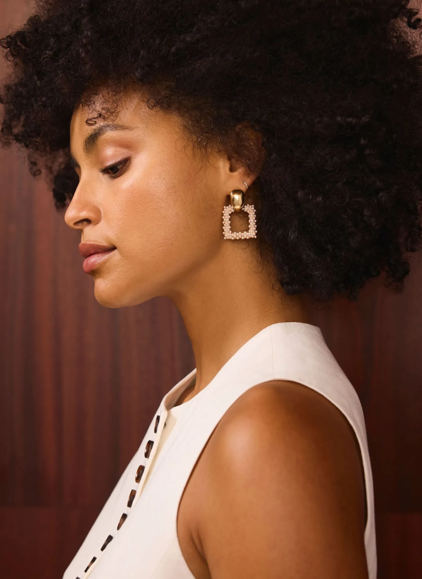 Gold Tone Statement Square Pearl Earrings